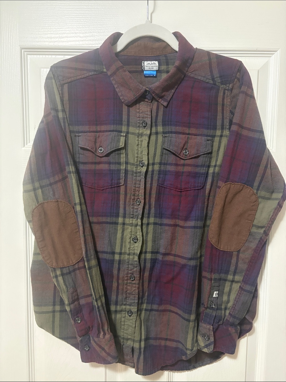 Kavu Olive and Burgundy Plaid Button-Down Shirt with Brown Elbow Patches - Picture 3 of 11